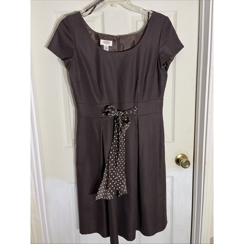 Talbots Cotton Silk A-Line 12P Pleated Dress in Chocolate Brown, Polka Dot Sash